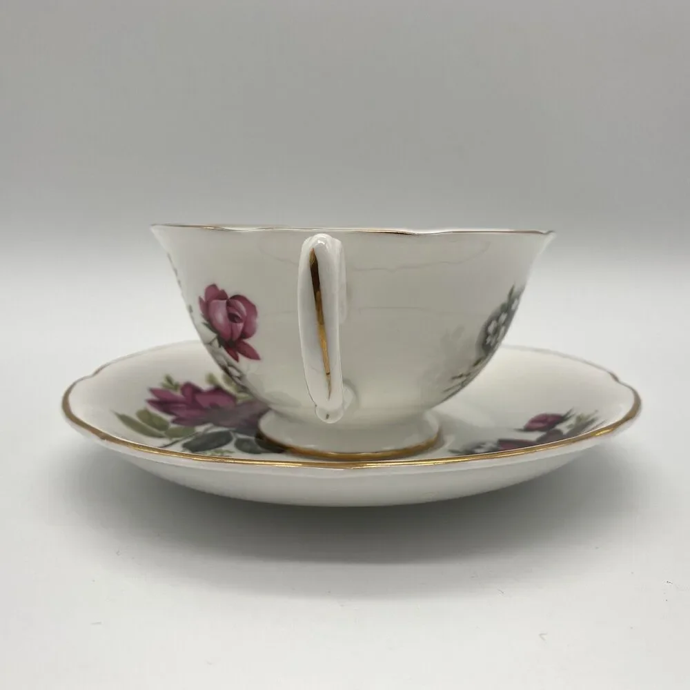 ROYAL GRAFTON Bone China Tea Cup & Saucer Red Roses  White Flowers Gold Trim